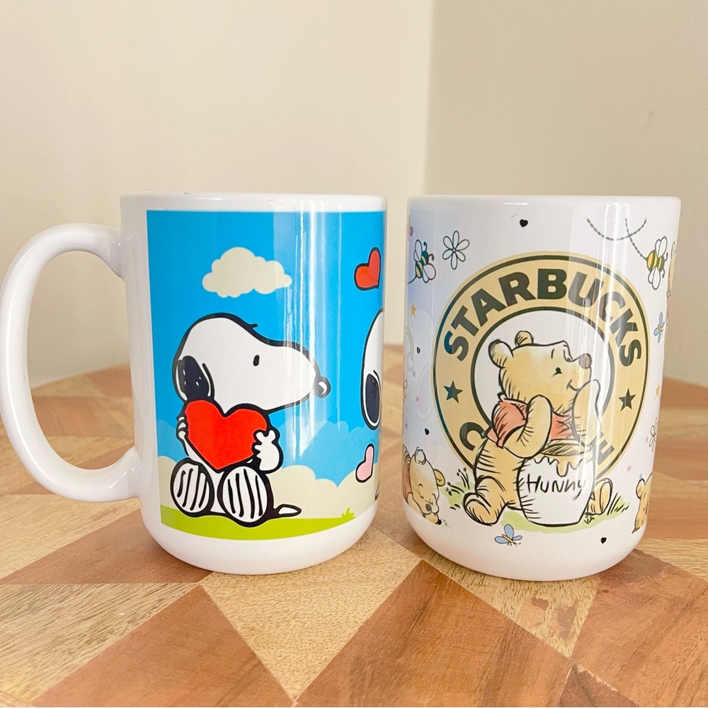 NEW 2 Pcs Fashion Mugs. Disney Winnie the Pooh + Snoopy mugs 15oz cups. - Picture 2 of 6